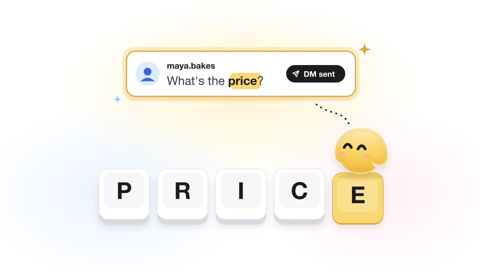 Oversized keyboard keys spell PRICE while the yellow GetChat mascot presses the last key and a comment containing the word price lights up