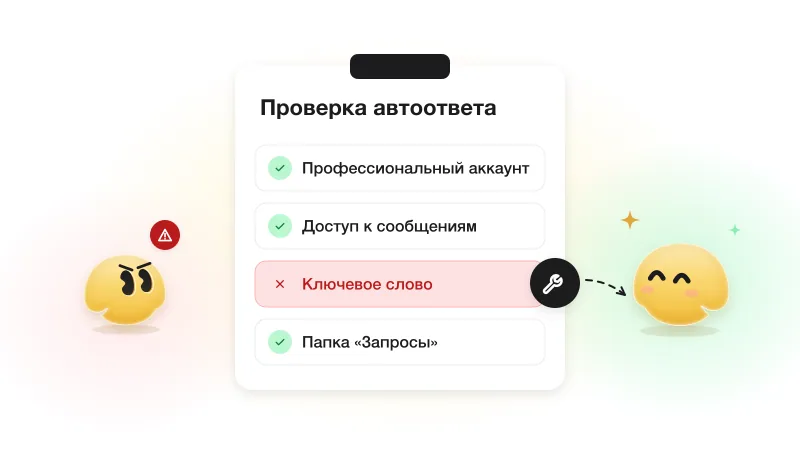 Чек-лист проверки автоответа: аккаунт, доступ к сообщениям и папка «Запросы» отмечены зелёным, ключевое слово — красным, рядом гаечный ключ
