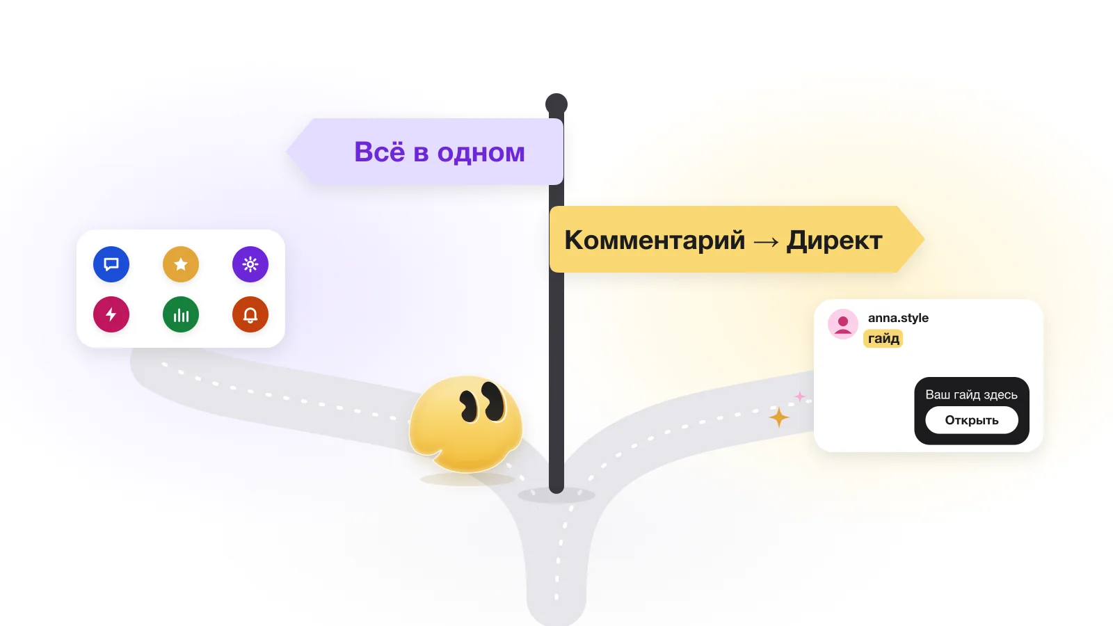 Указатель на развилке дорог: «Всё в одном» налево и «Комментарий → Директ» направо, маскот GetChat выбирает путь
