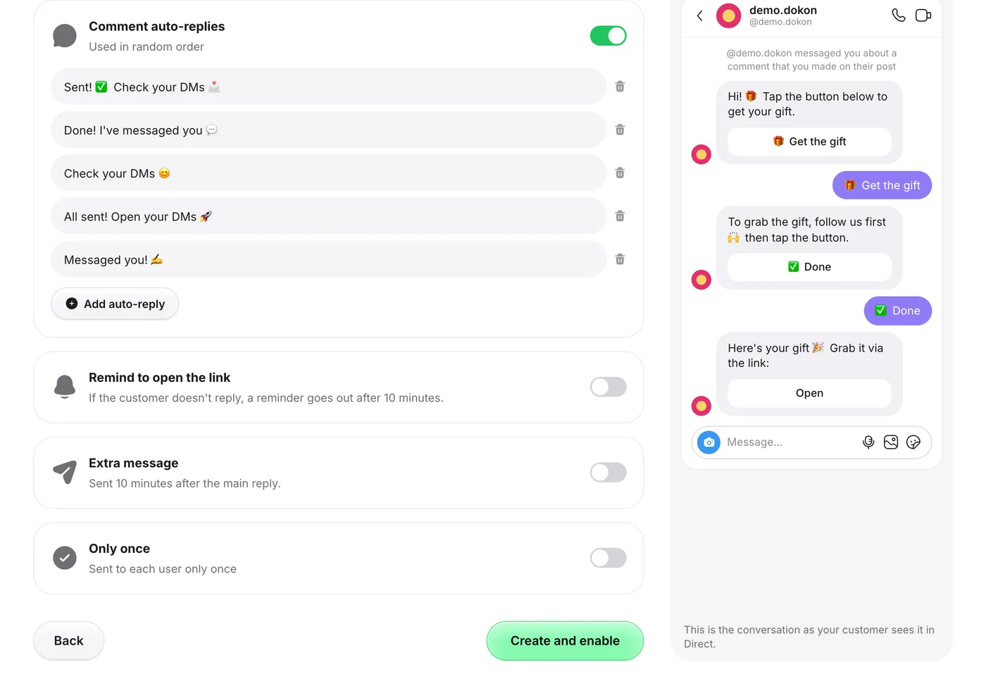 GetChat's Extra step: five comment auto-reply variants used in random order, toggles for Remind to open the link, Extra message and Only once, and a live preview of the Direct conversation