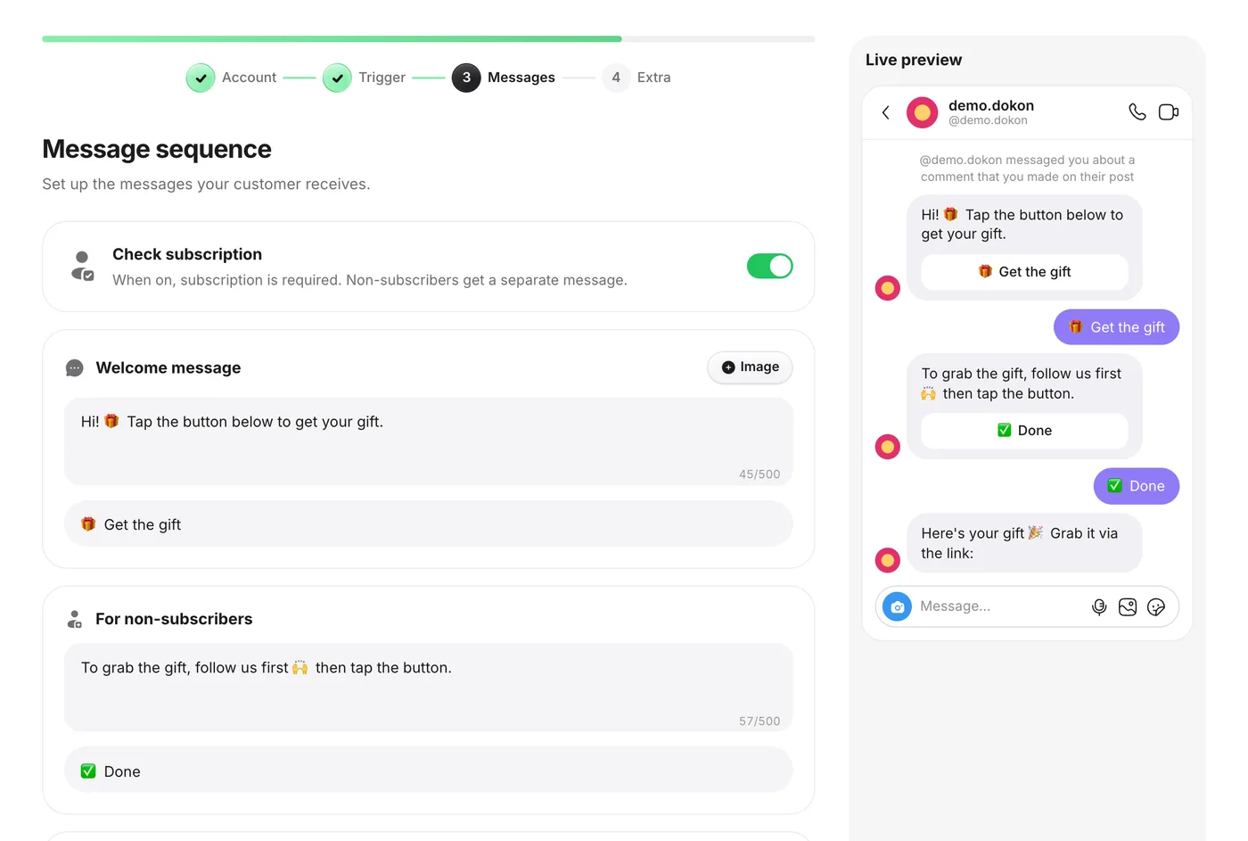 Screenshot of GetChat's Messages step: a Welcome message with a Get the gift button, a For non-subscribers message with a Done button, Check subscription switched on, and a live preview of the Direct conversation