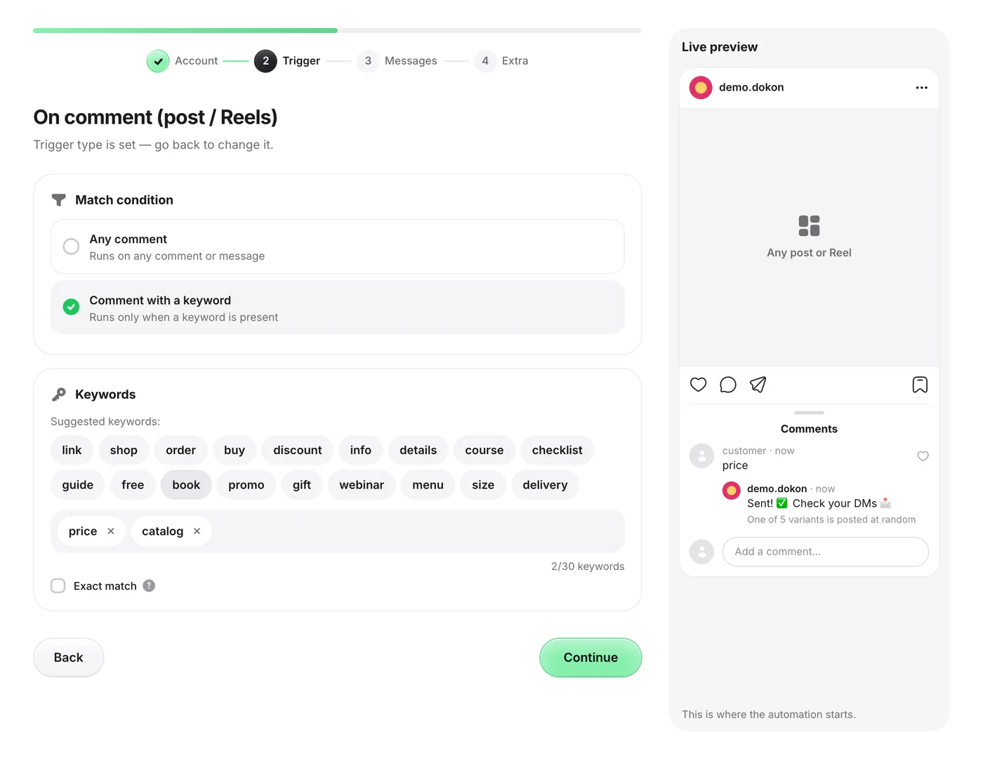 GetChat's Trigger step with Comment with a keyword selected, the keywords price and catalog entered, the Exact match checkbox and a live preview